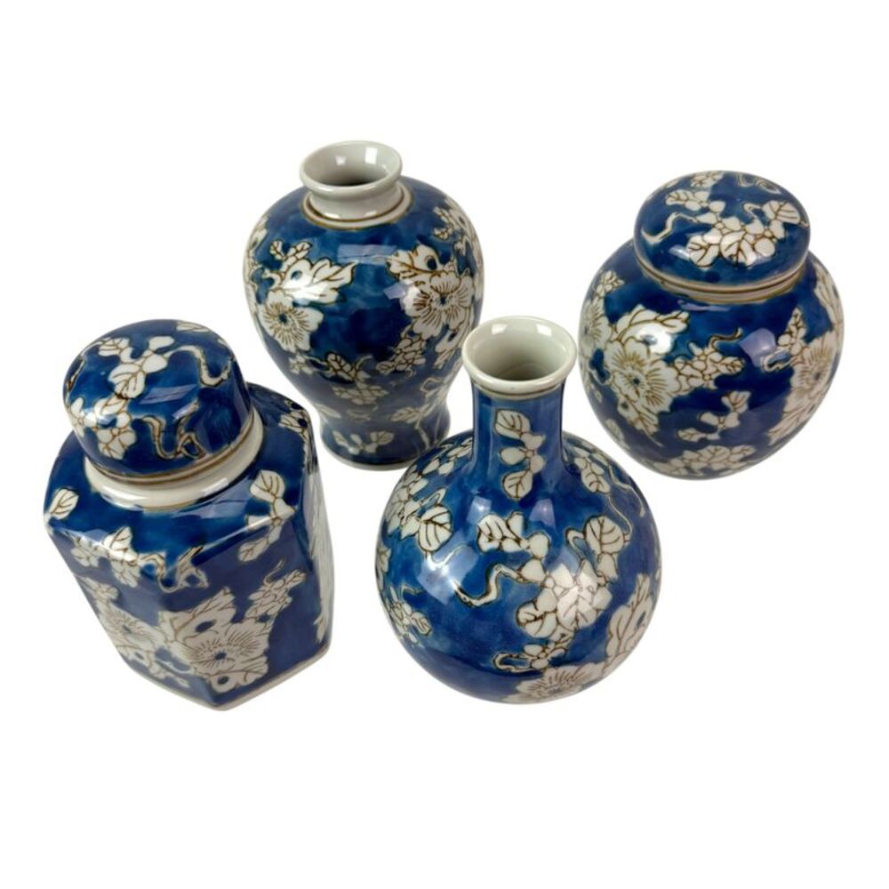 Set of 4 Blue White Floral Ceramic Vases Jars Glossy 6.5 in Decorative